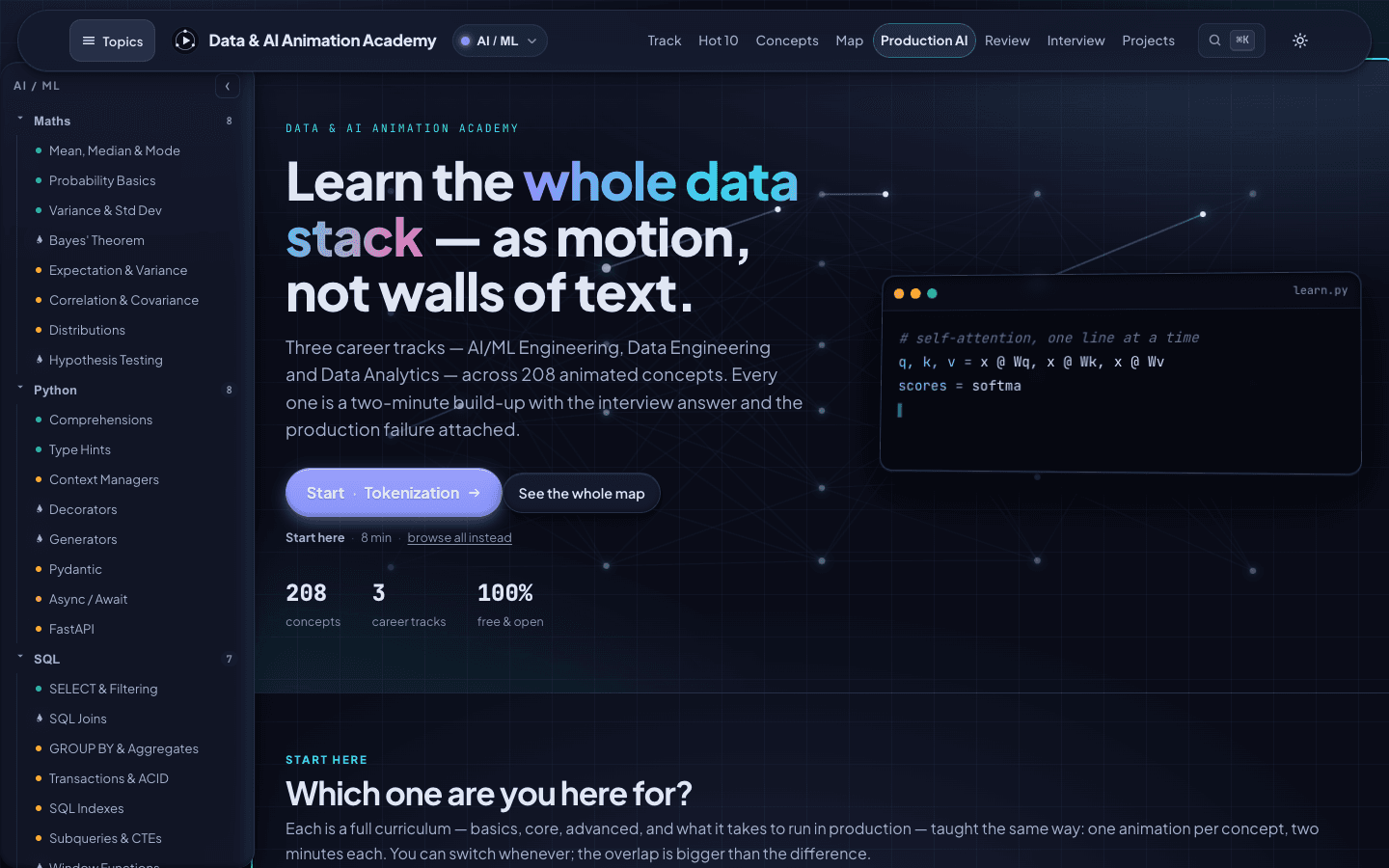 Academy home page with three career tracks and a concept sidebar